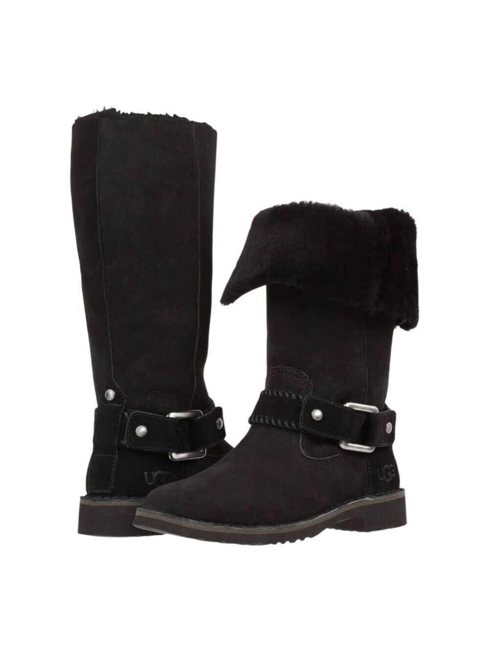 UGG Braiden Black Suede Boots Buckle Detail Fur Lined